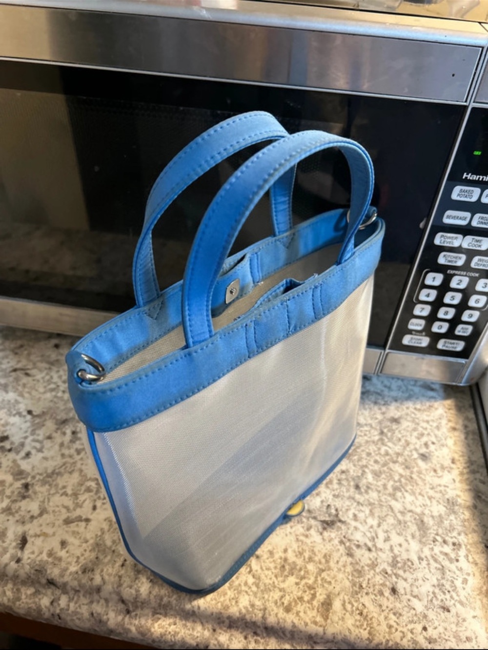 Blue-Trim White Mesh Tote Bag